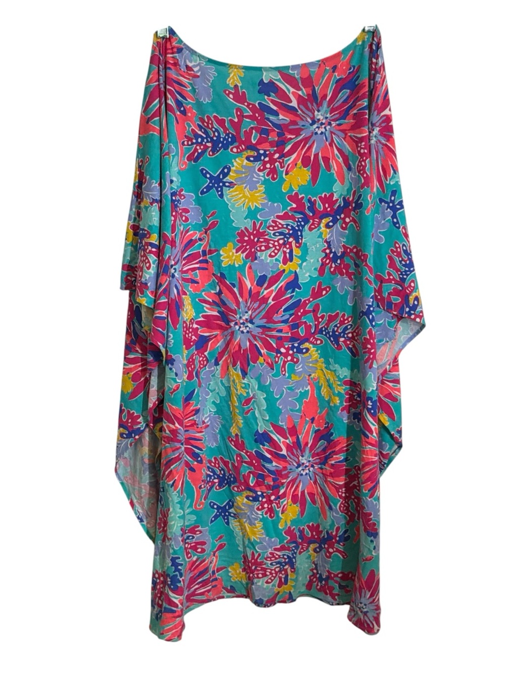 Lilly Pulitzer Turquoise Floral Caftan Coverup with Pink & Yellow Accents - Picture 2 of 8